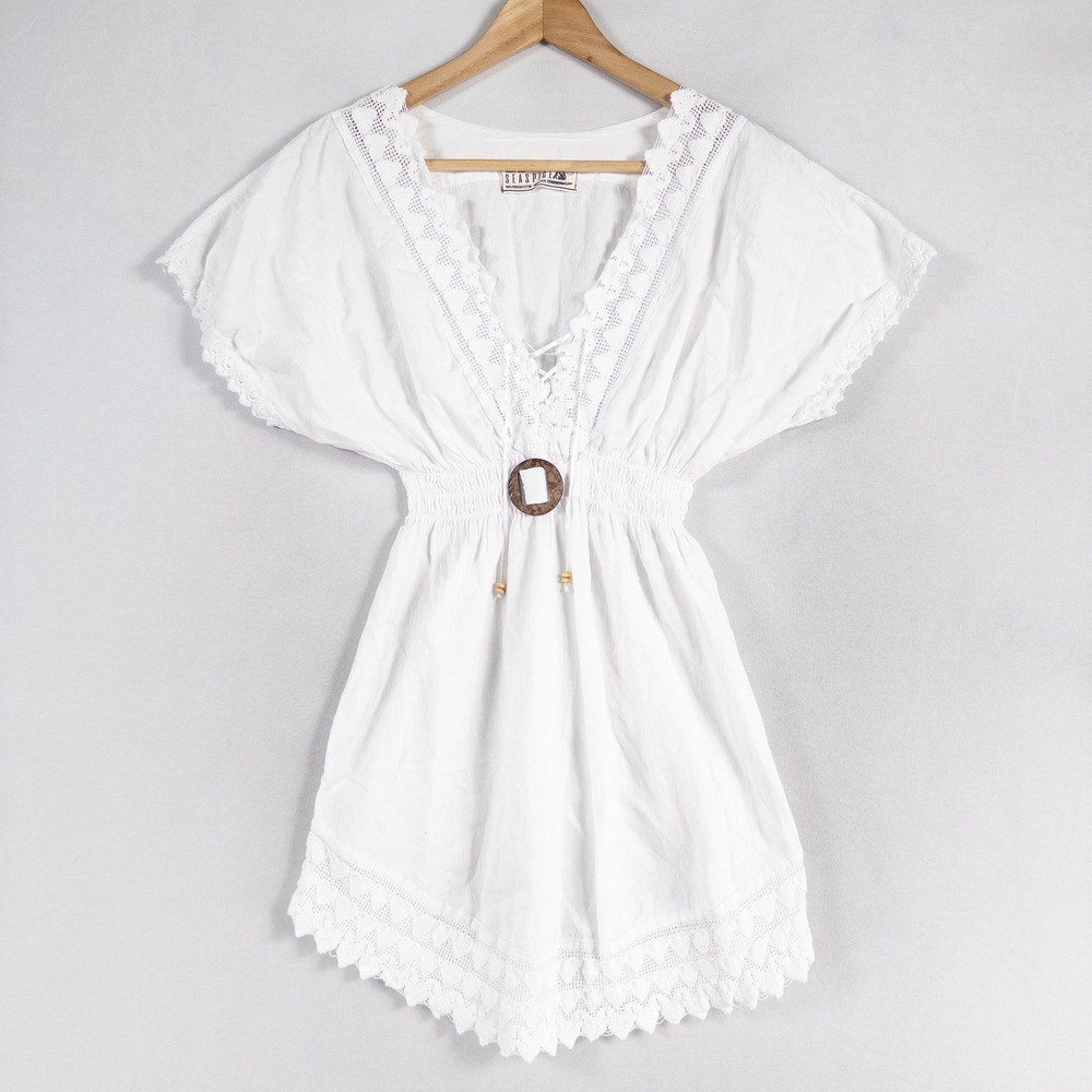 Seaspice Resort Wear Cover Up Dress Sz Medium White Lace Trim Boho Cruise Beach